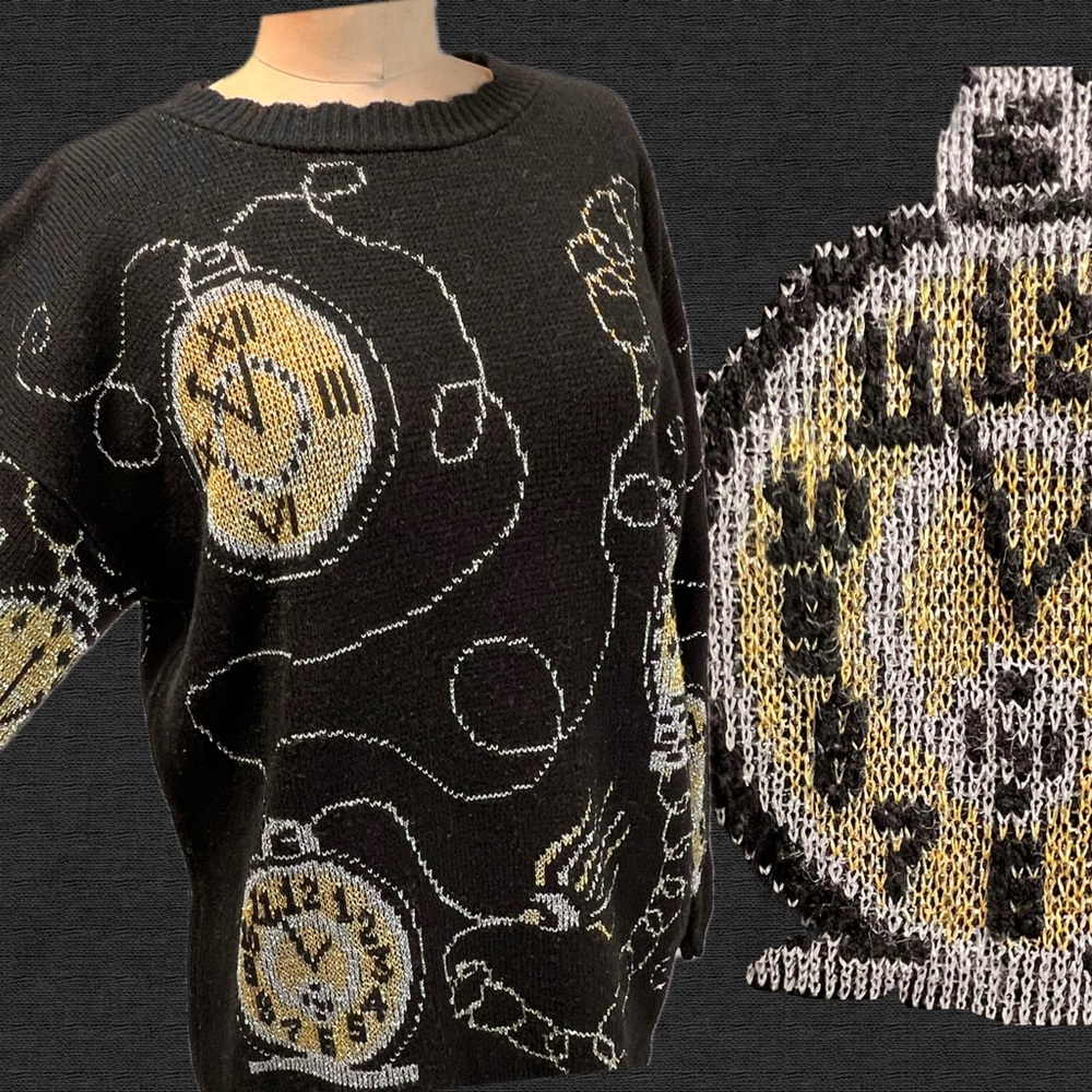 VINTAGE 80s pocket‎ watch chain clock knit sweater metallic funky unique quirky